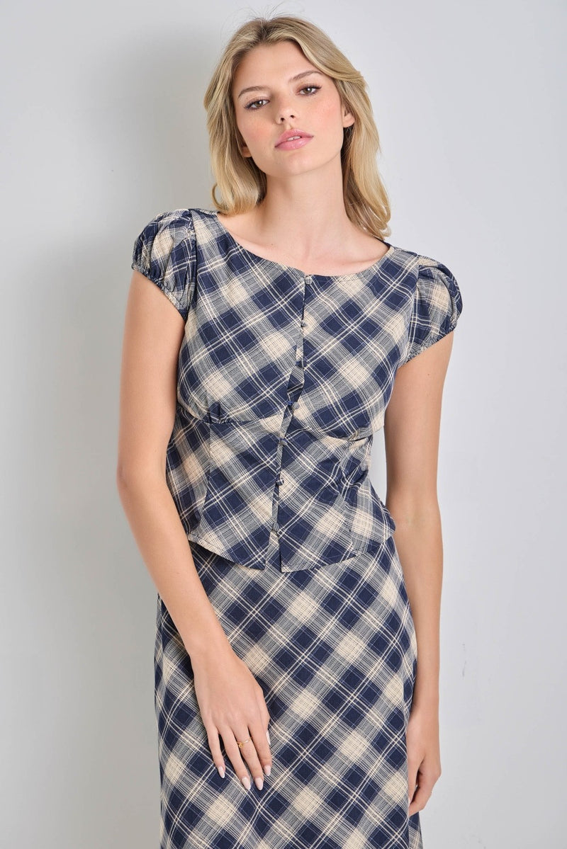 Plaid Cap Sleeve Top - Navy