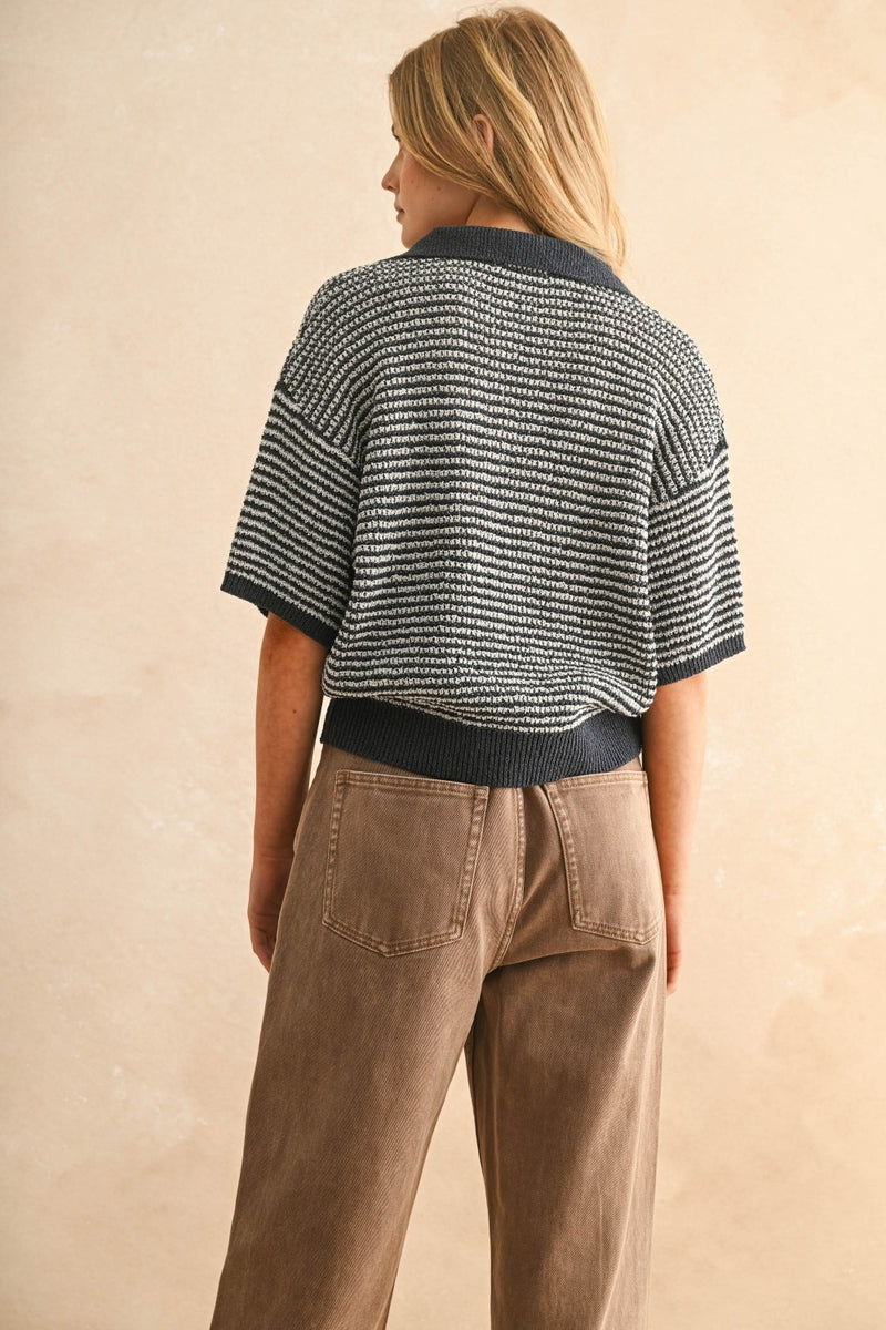 Collared Knitted Top - Navy & Grey