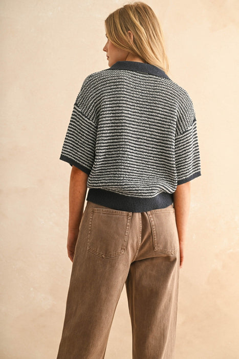 Collared Knitted Top - Navy & Grey