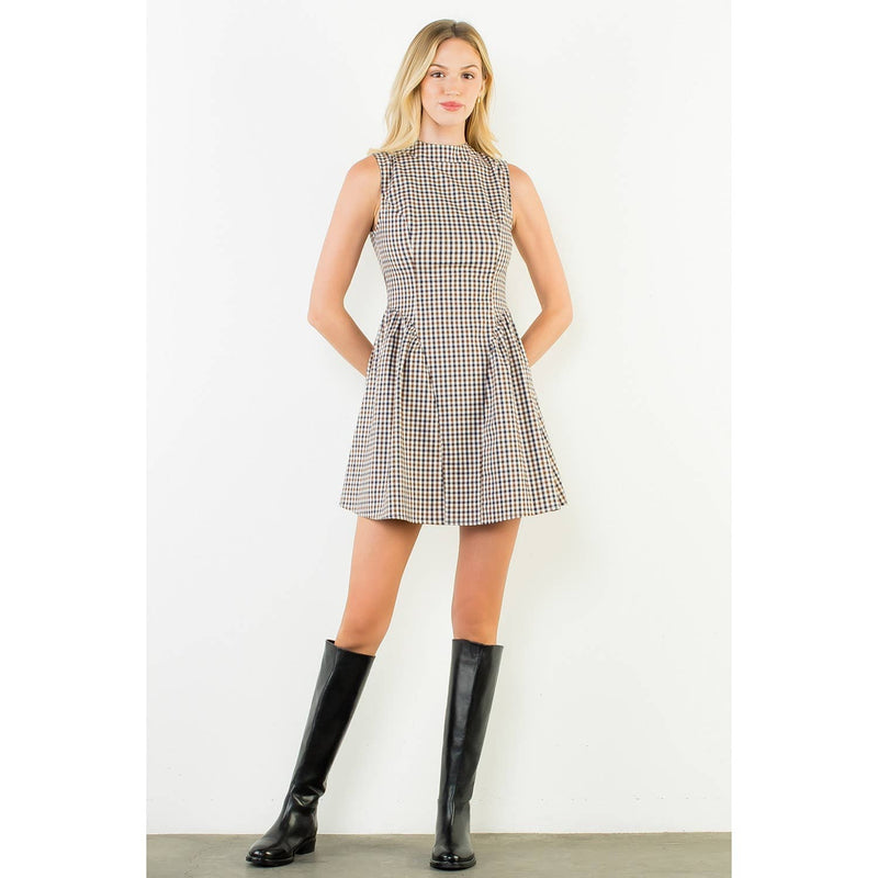 Gingham Mini Dress - Brown