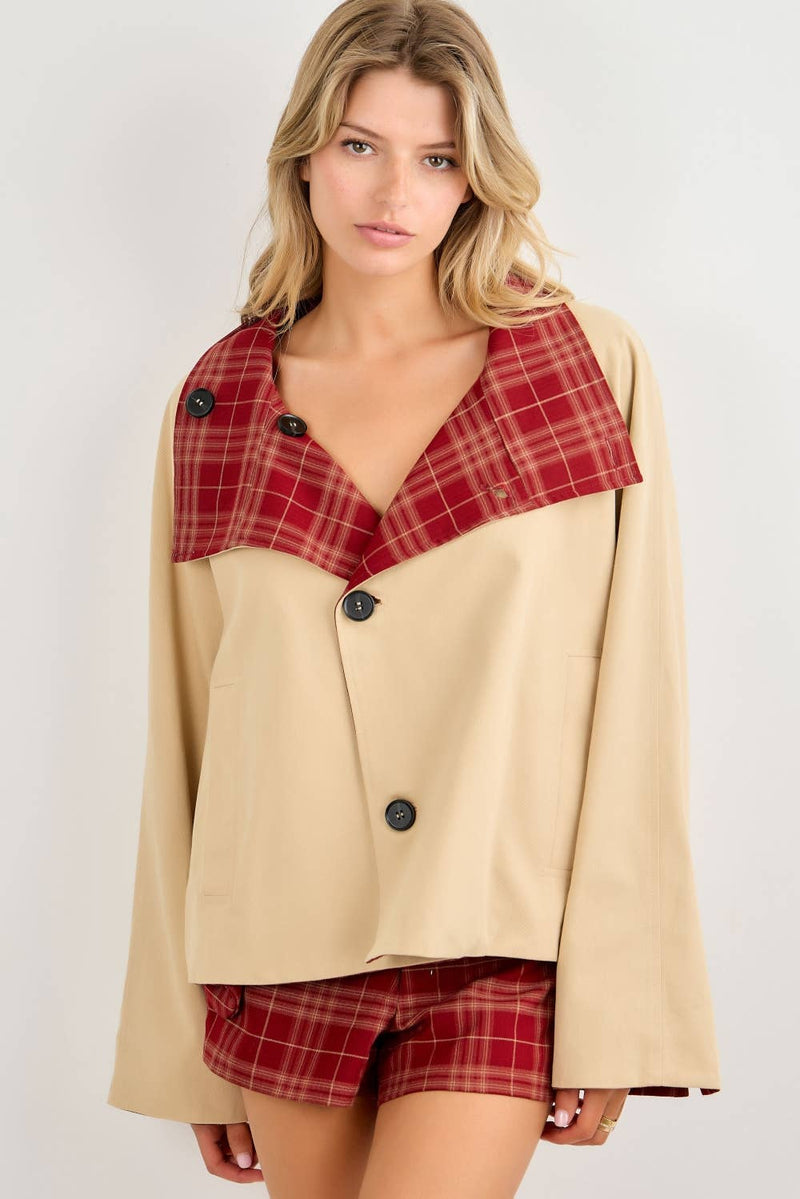 Reversible Crop Trench Coat - Camel & Brick