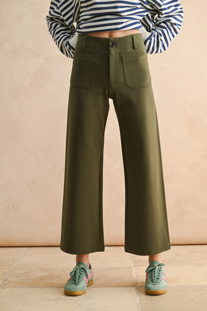 Cropped Wide Leg Ponte Fabric Pant - Olive Green