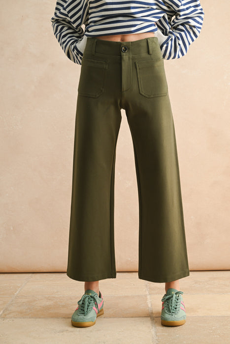 Cropped Wide Leg Ponte Fabric Pant - Olive Green