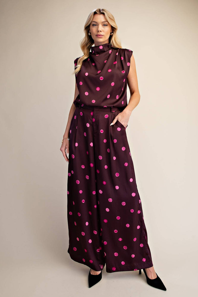 Cowl Mock Neck Polka Dot Sleeveless Top - Plum