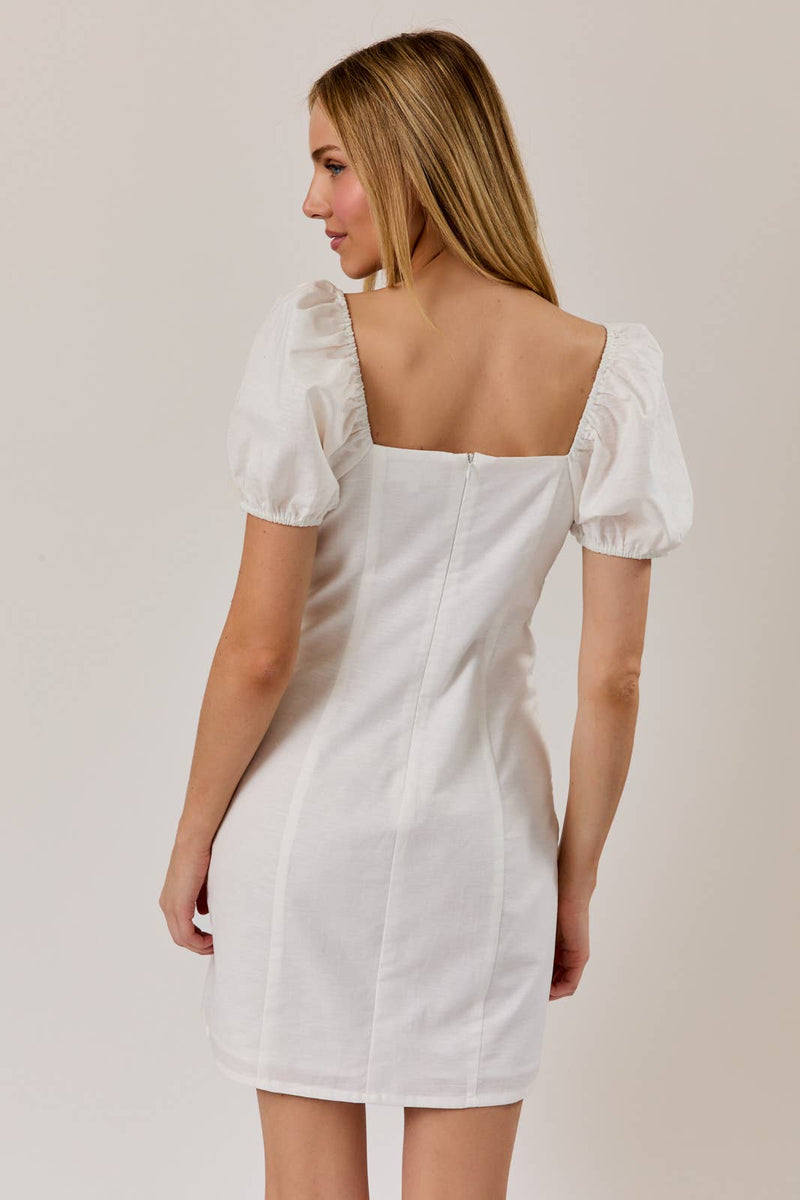 Puff Sleeve V-Neck Mini Dress - White