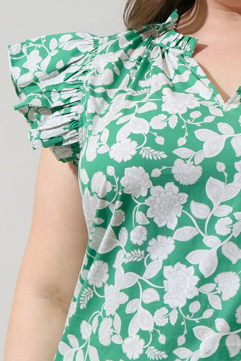 Floral Flutter Sleeve Top - Green & Grey