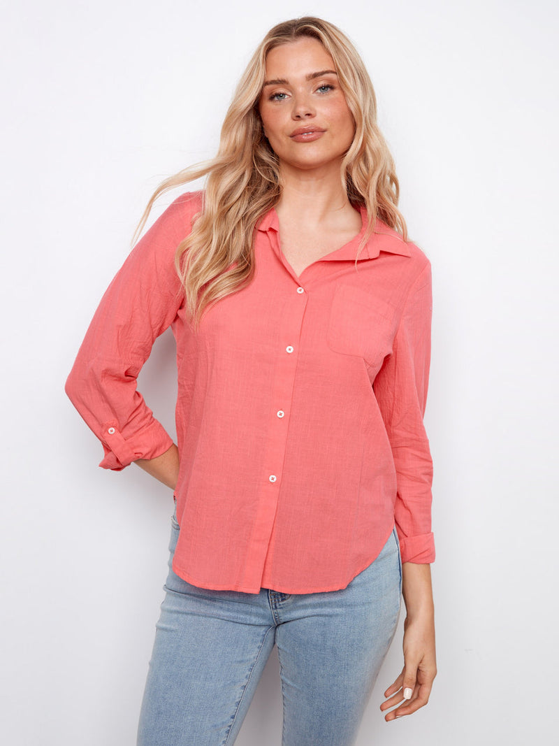 Charlie B • Rolled Up Sleeve Button Up - Sorbet