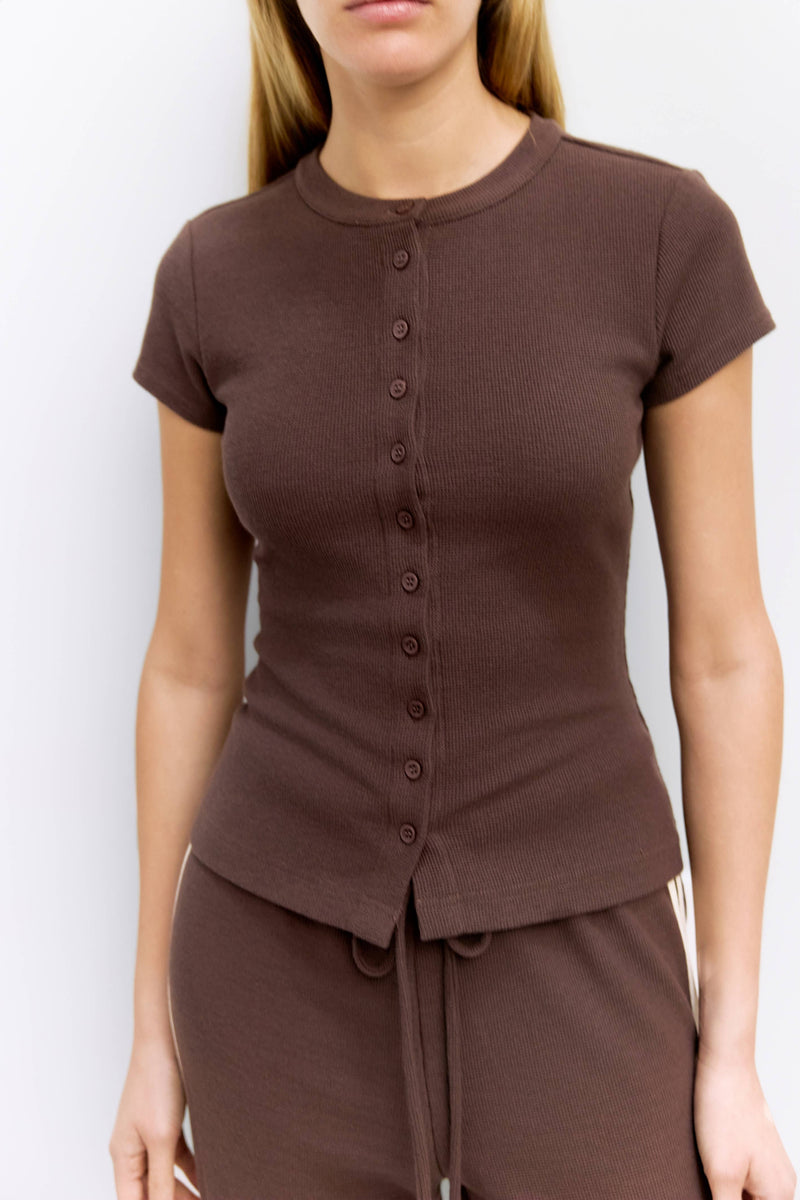 The Enzo Top | Waffle Button-Up Knit Top - Brown