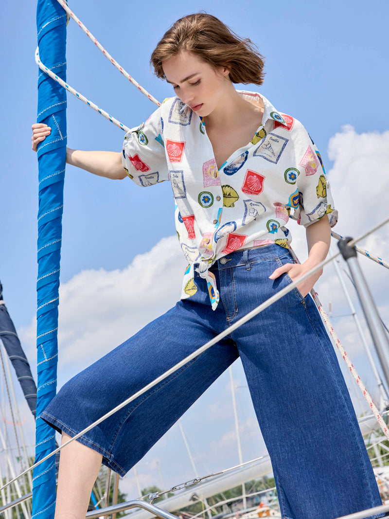Printed Linen Front Tie Button Down - Postcard