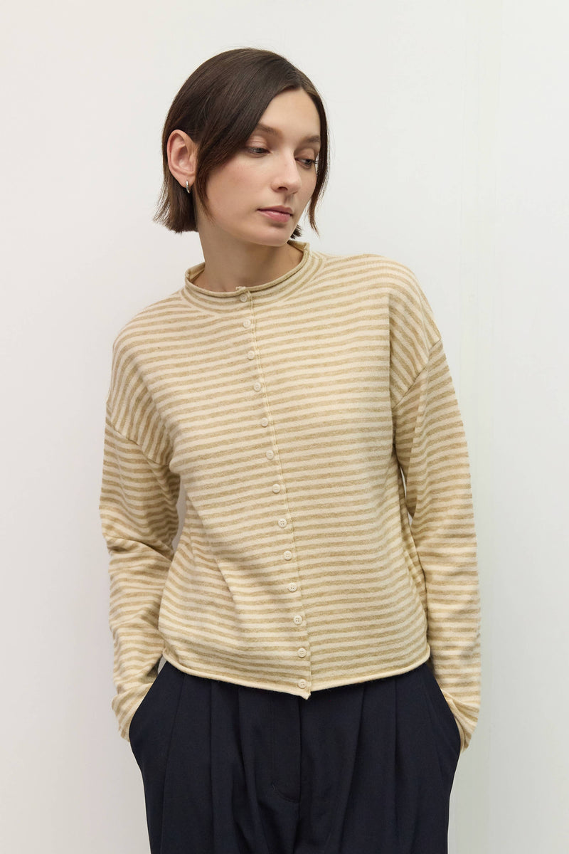 The Elisa Cardigan | Striped Button-Down Cardigan - Beige & Cream