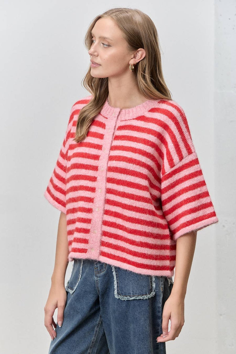 Stripe Cardigan - Light Pink & Red
