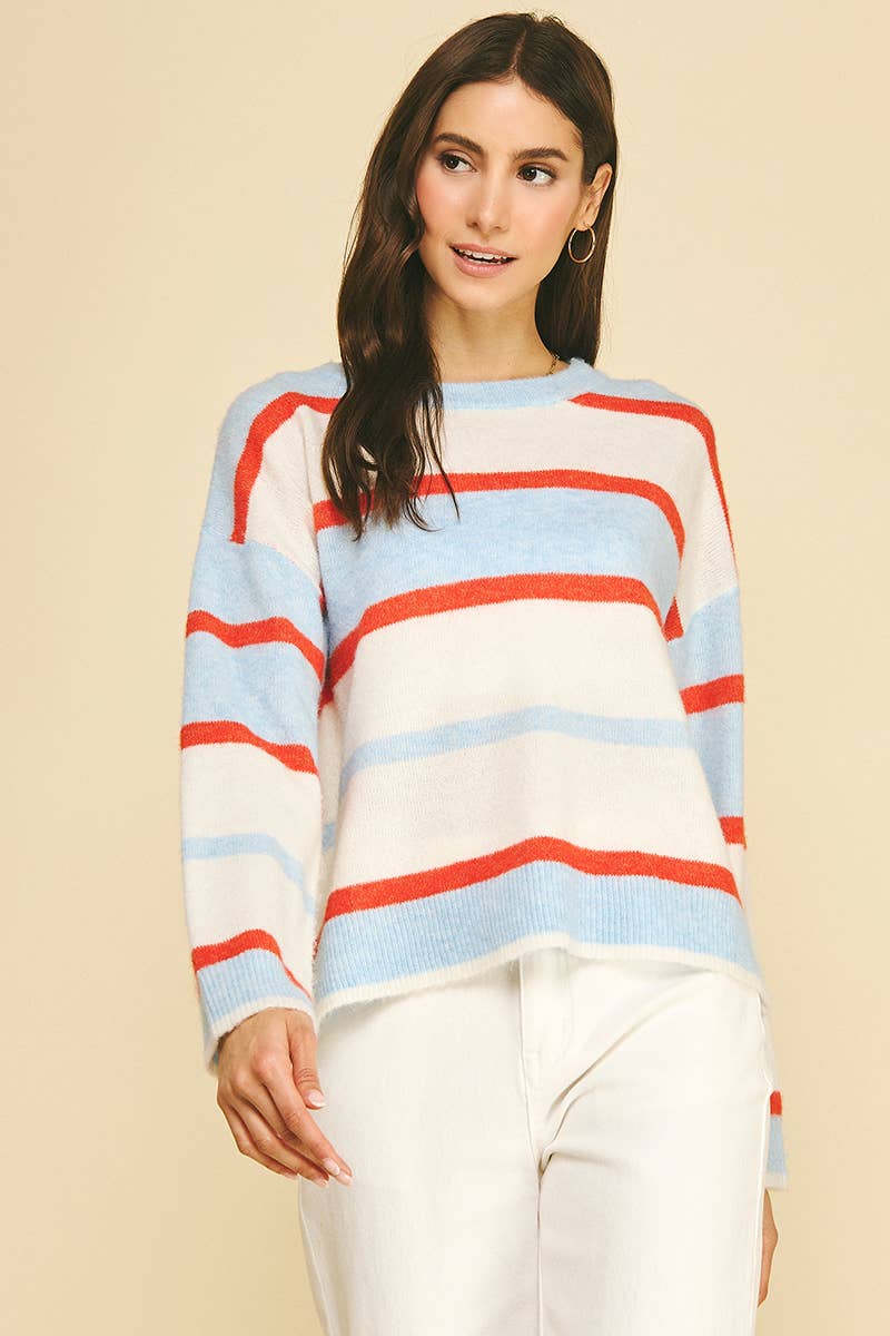 Striped Crew Neck Knit Sweater - Light Blue Multi