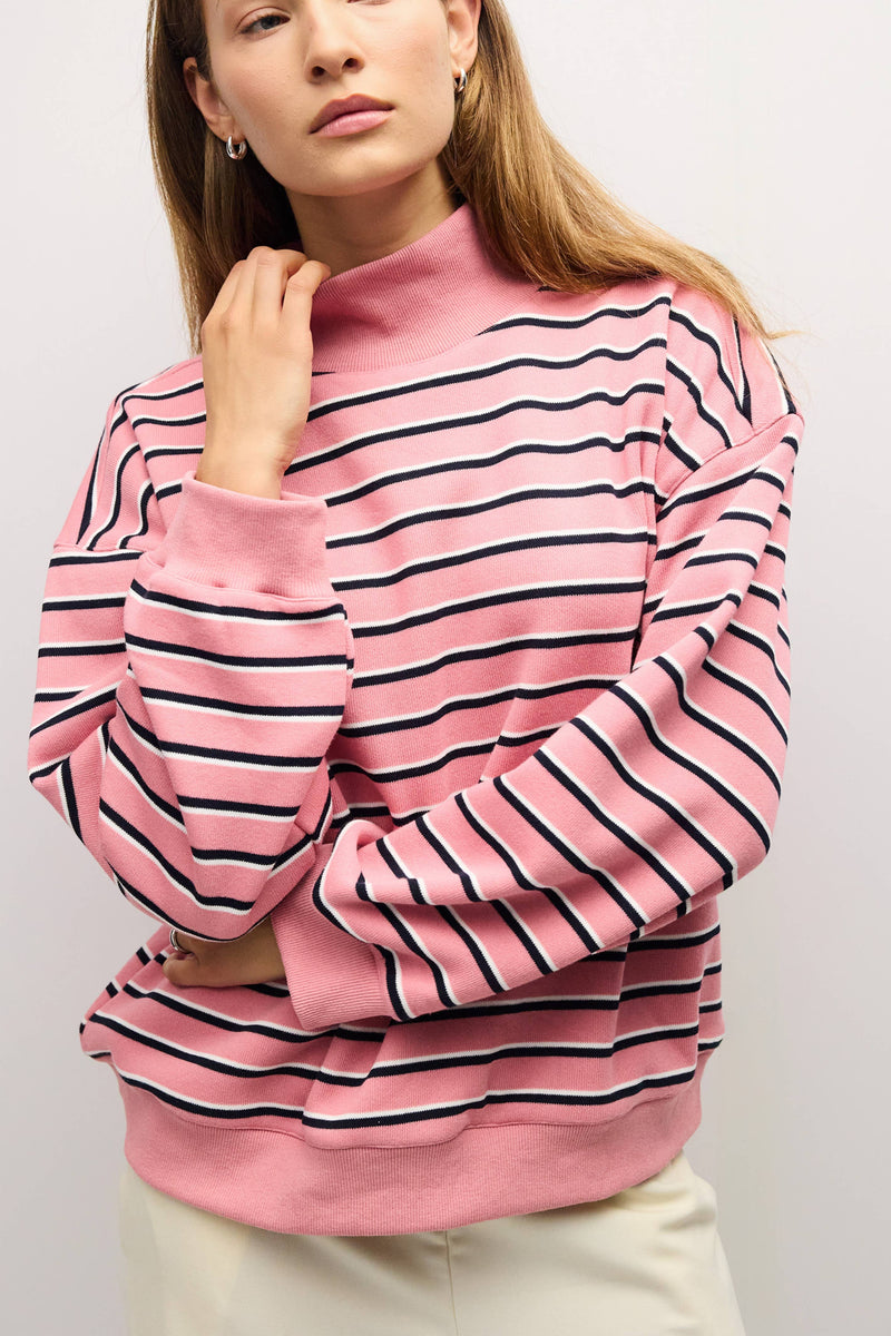 The Charlie Sweater | Mock Neck Striped Sweater - Pink & Navy & White