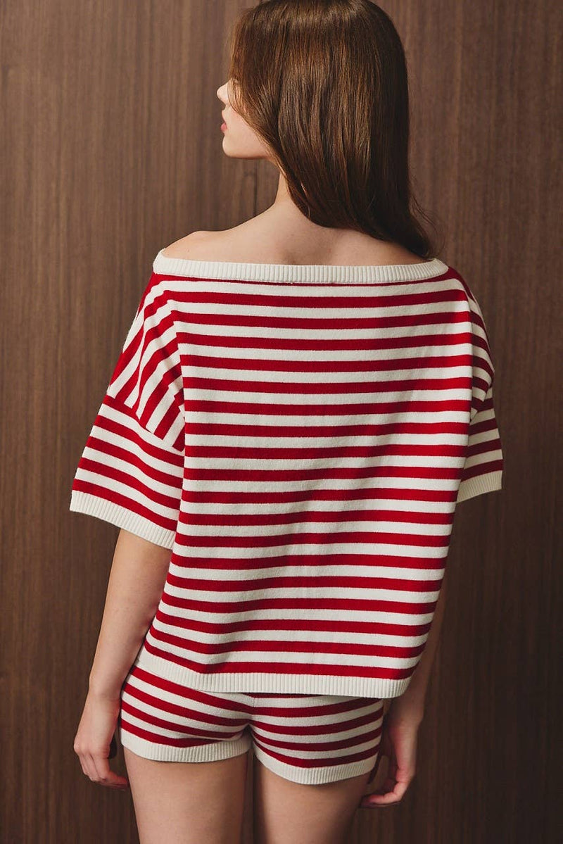 Striped Oversized Short Sleeve Sweater Top - White & Red