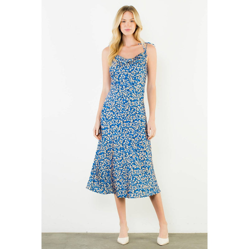 Tie Strap Floral Satin Dress - Blue