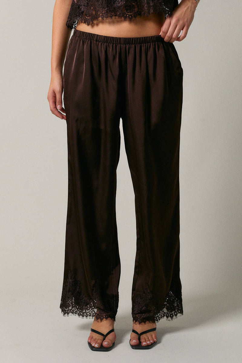 Elastic Waist Lace Trim Wide Leg Pants - Dark Brown
