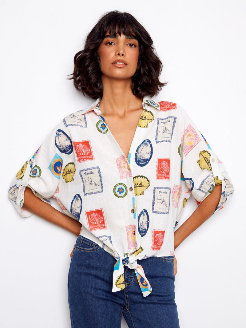 Printed Linen Front Tie Button Down - Postcard