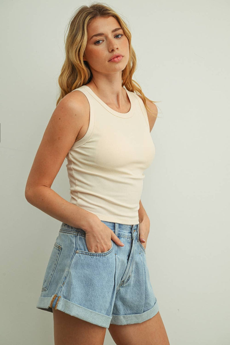 Sleeveless Ribbed Tank with Bra Pad - Cream