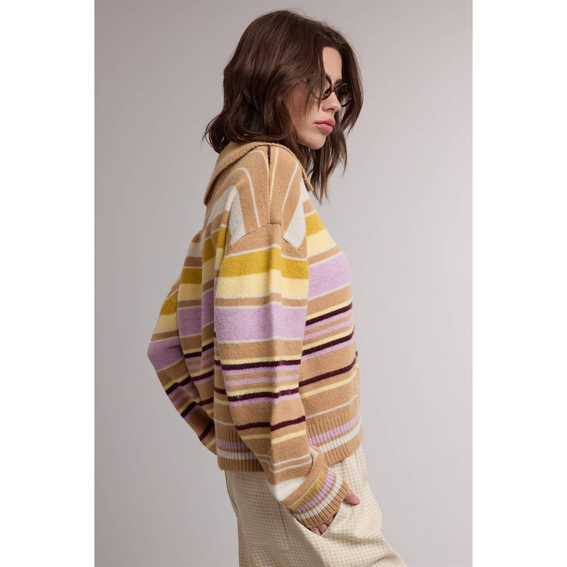 Collared Stripe Cardigan - Camel & Lavender