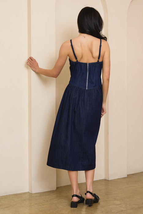 Pointy Waist Sleeveless Midi Dress - Denim