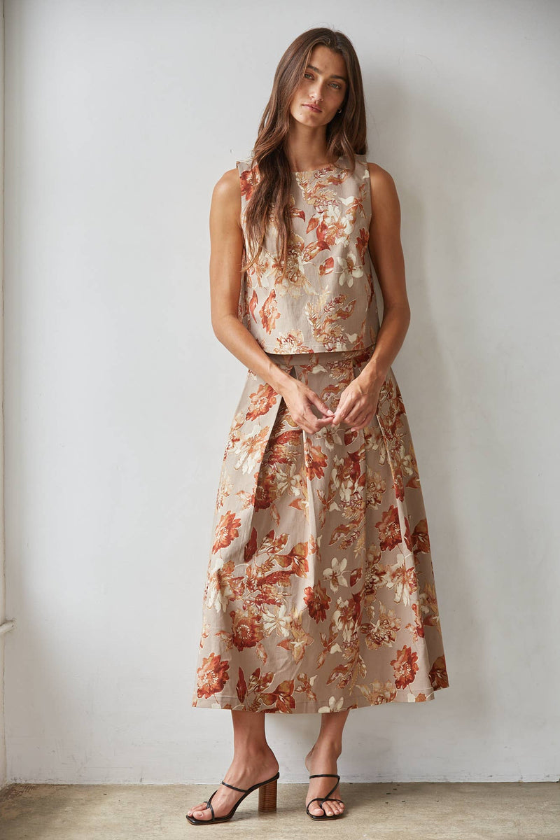 Floral Print Woven Tank - Taupe Rust