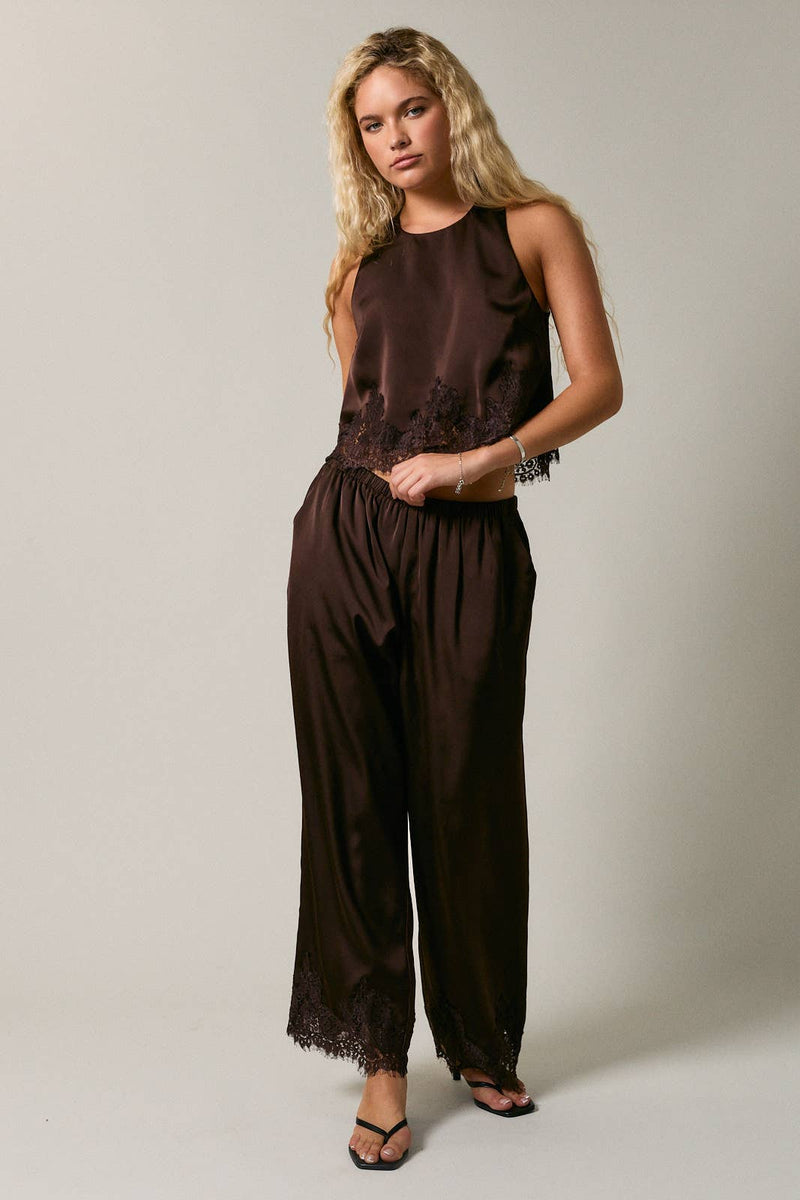 Elastic Waist Lace Trim Wide Leg Pants - Dark Brown