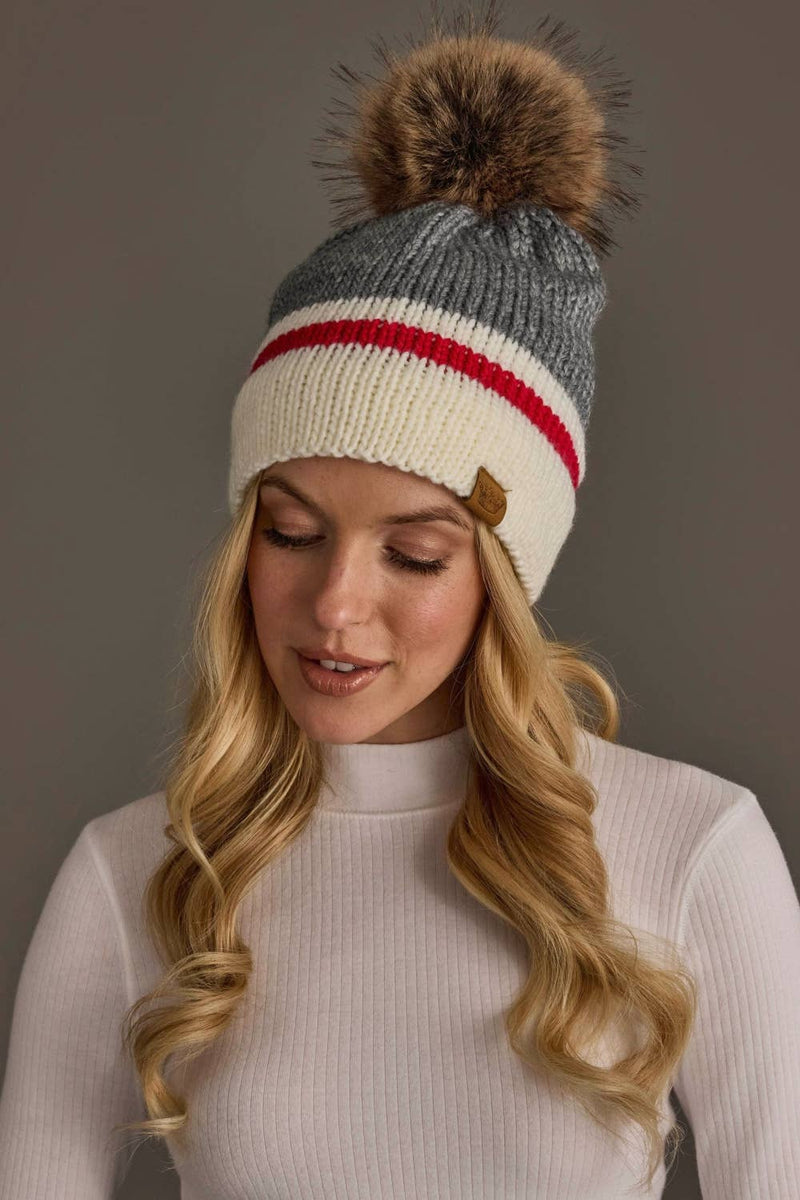 Grey White & Red Pom Hat