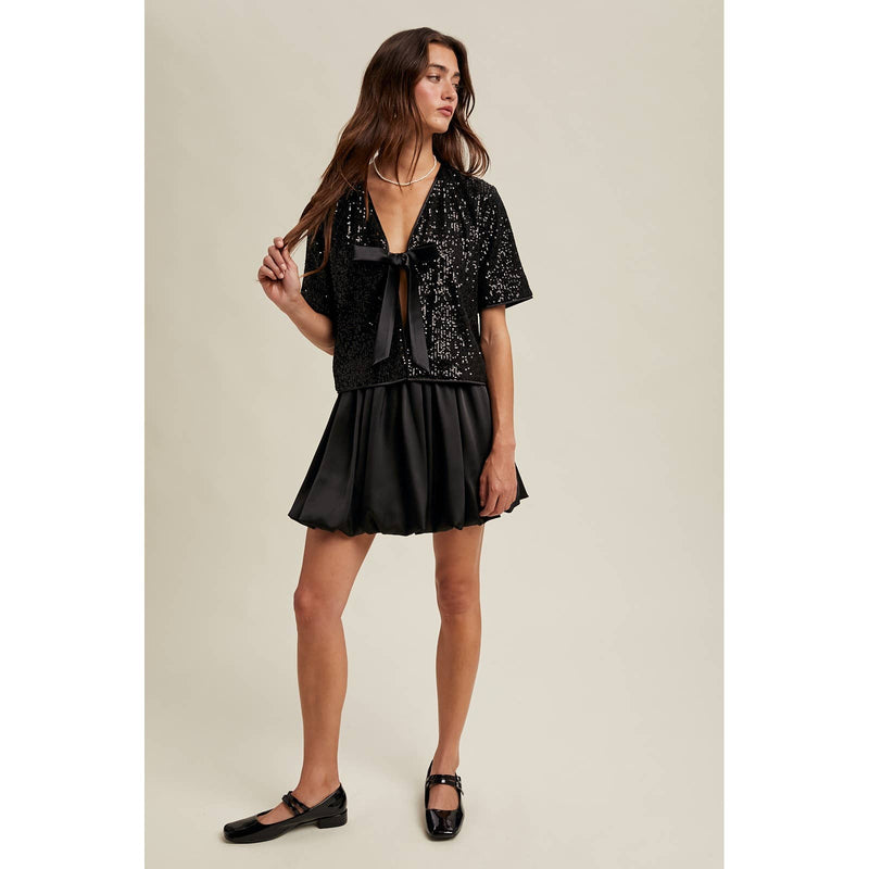 Sequin Bow Detail Top - Black