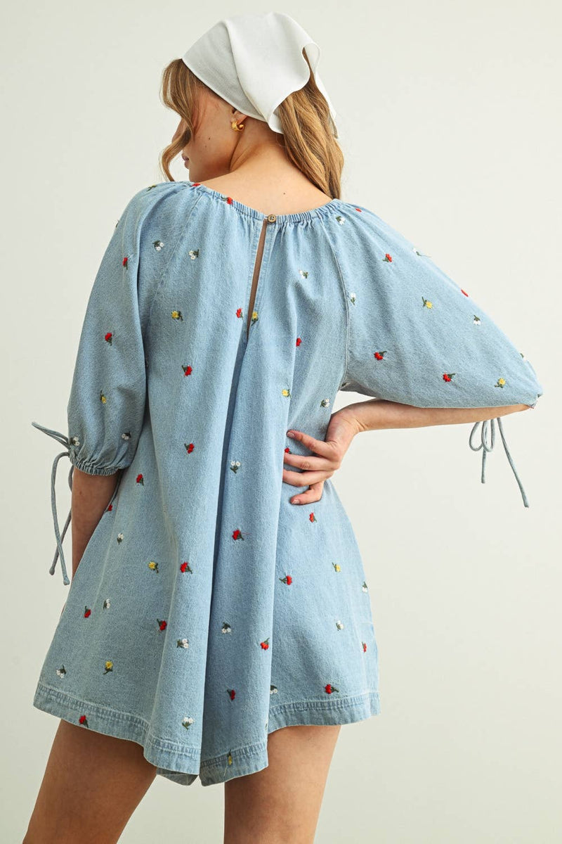 Embroidered Denim Romper with 3/4 Sleeve