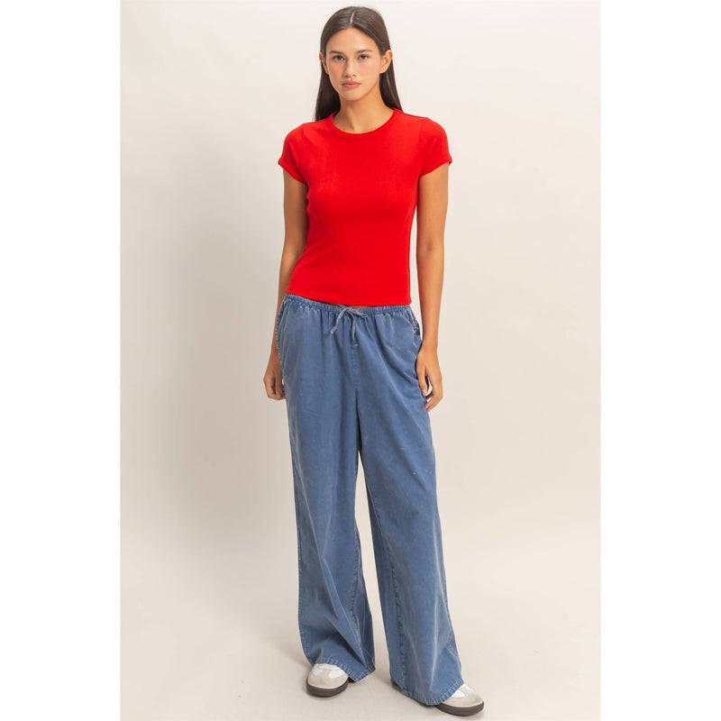 Pointelle Short Sleeve Top - Red
