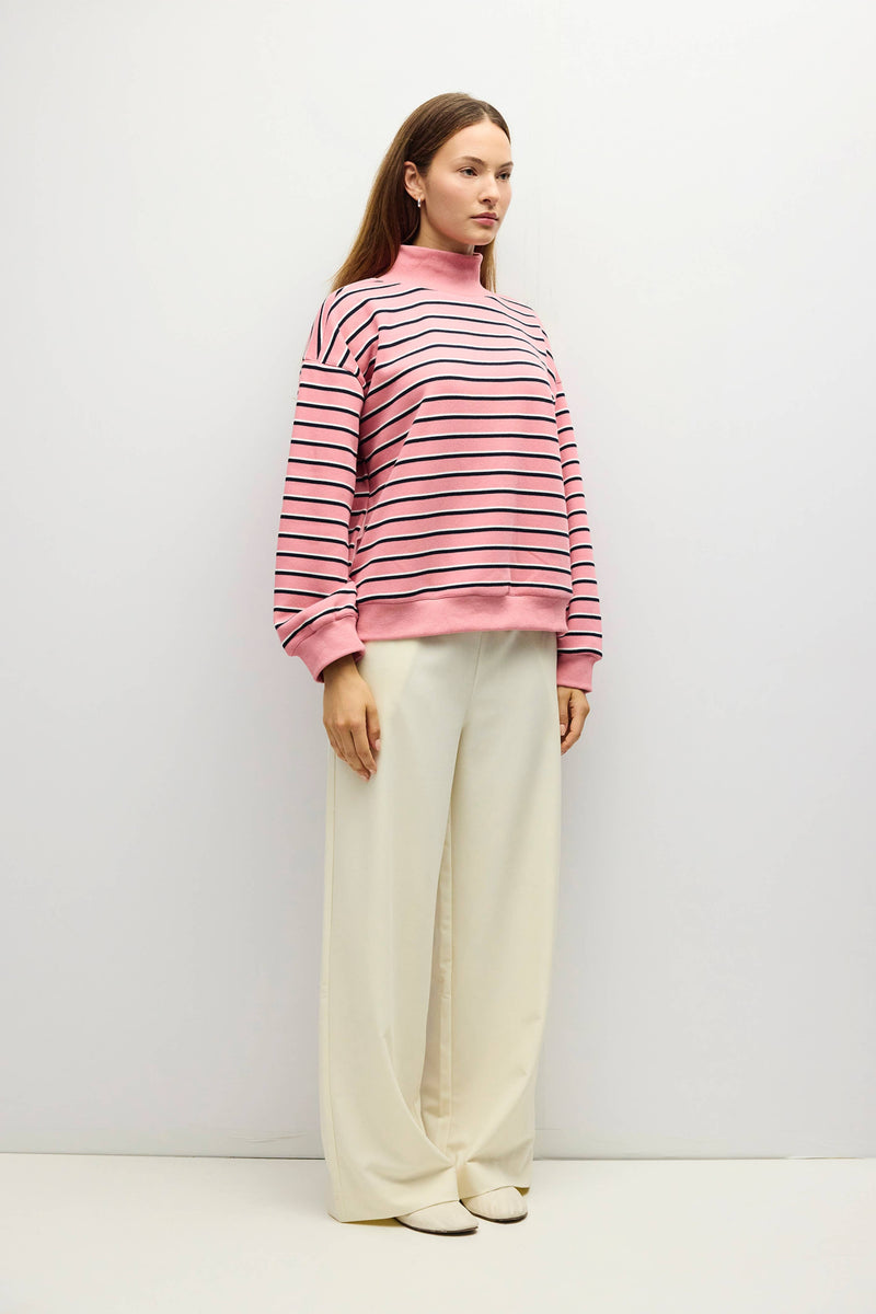 The Charlie Sweater | Mock Neck Striped Sweater - Pink & Navy & White