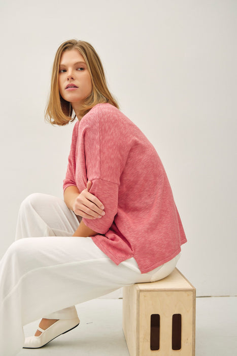 Cotton Slub V Neck Tee - Dusty Coral
