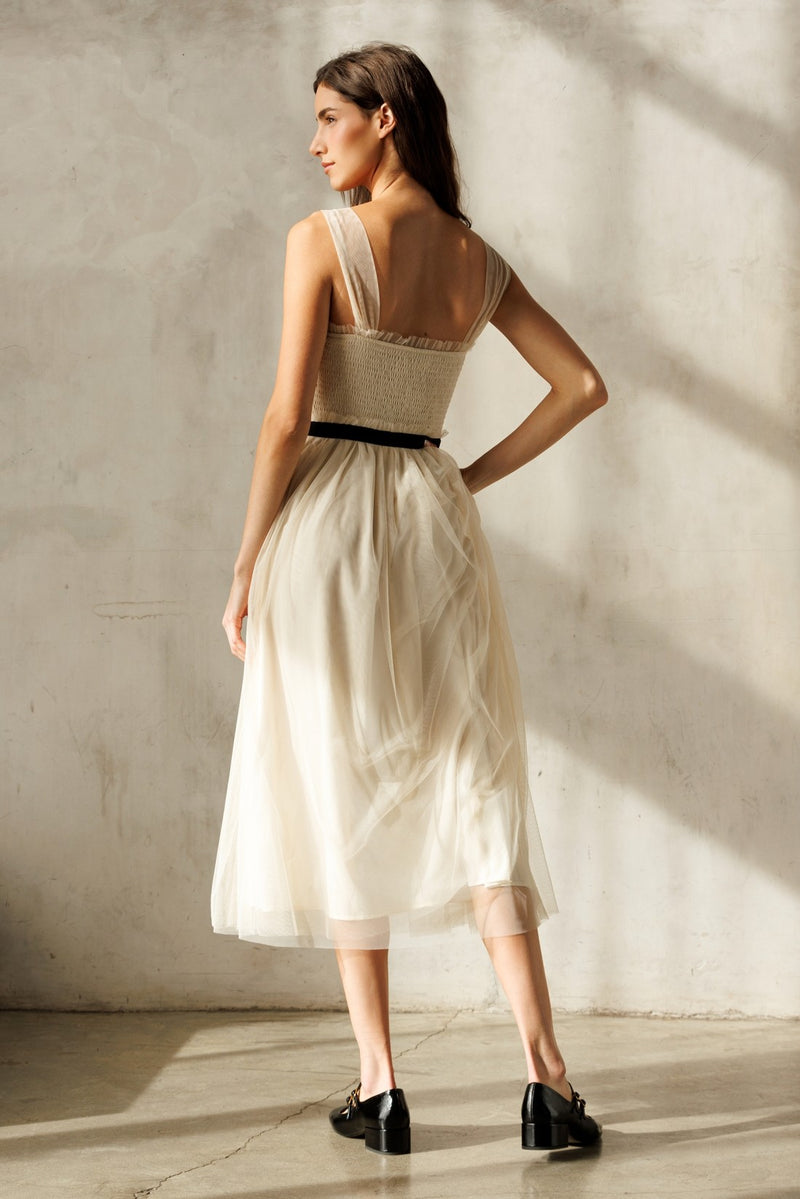Tulle Midi Dress - Cream & Black