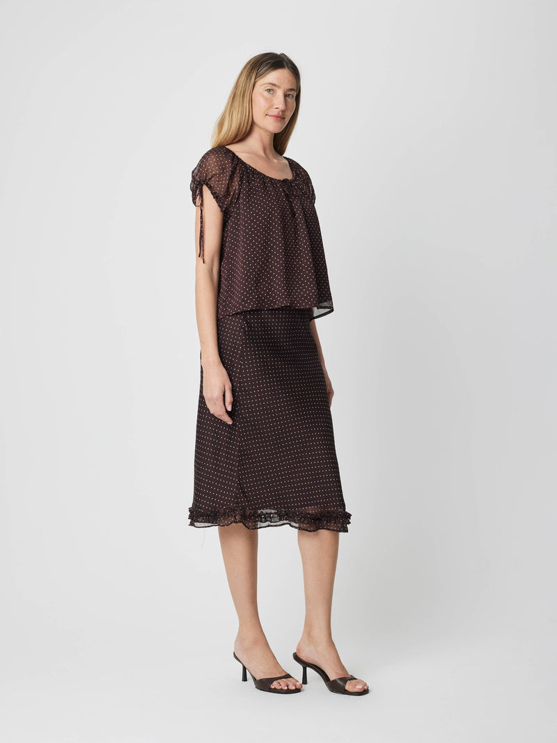 The Lauren Skirt | Chiffon Polka Dot Midi Skirt - Brown & Blue