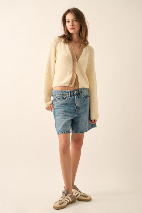 Ribbed Knit Contrast Cardigan Sweater - Cream