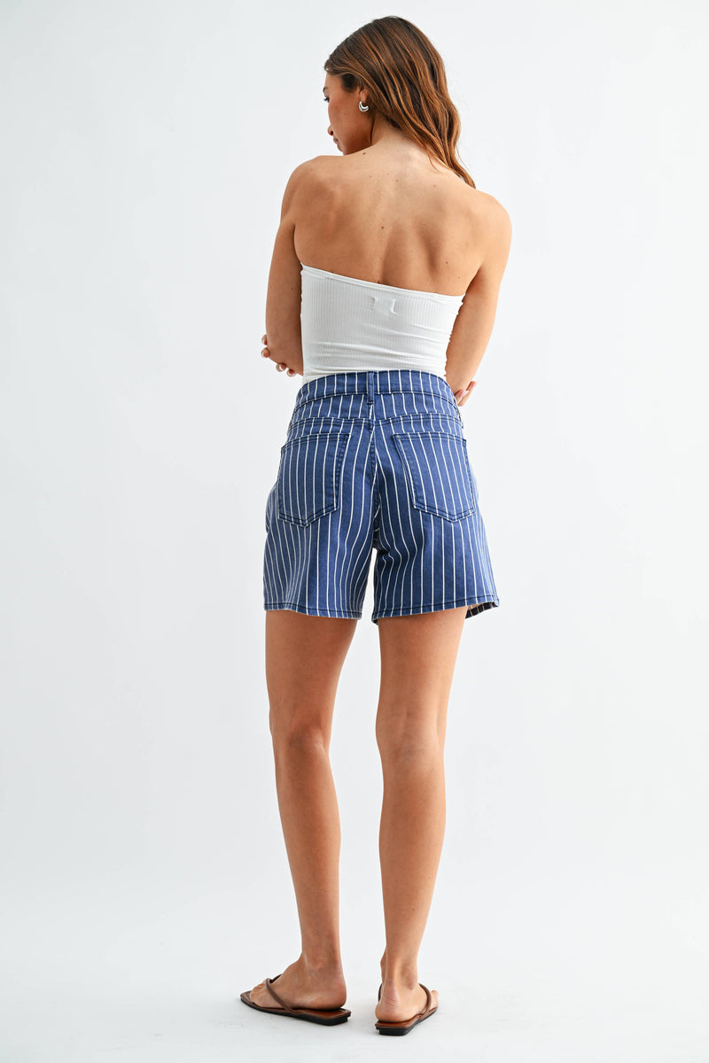 Just Black Denim • Tie Waist Longer Shorts - Navy Stripe
