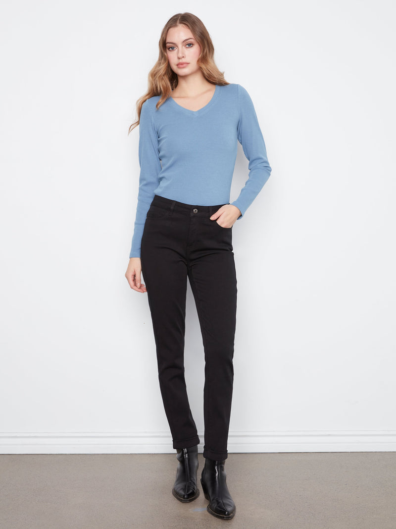 Charlie B • Cuffed Hem Slim 5 pocket Twill Pants - Black