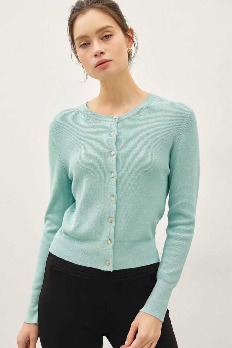 Ribbed Crewneck Cardigan - Seafoam