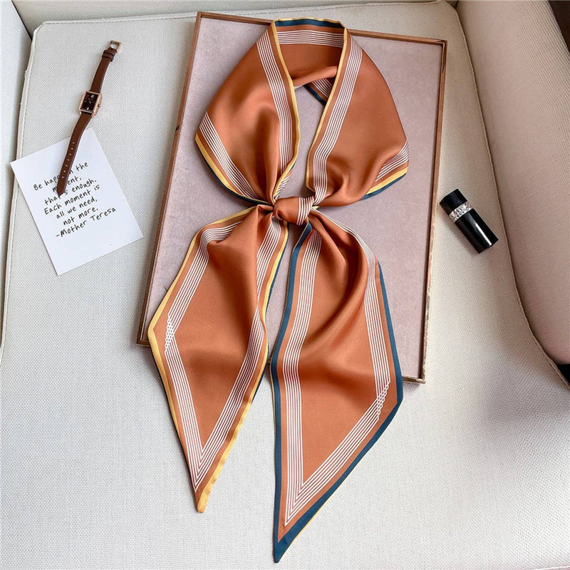 Thin Simple Geometric Long Silk Head Scarf - Brown