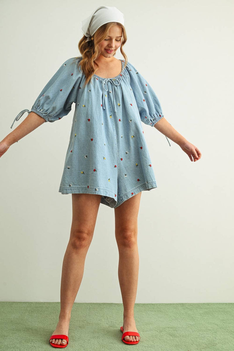 Embroidered Denim Romper with 3/4 Sleeve