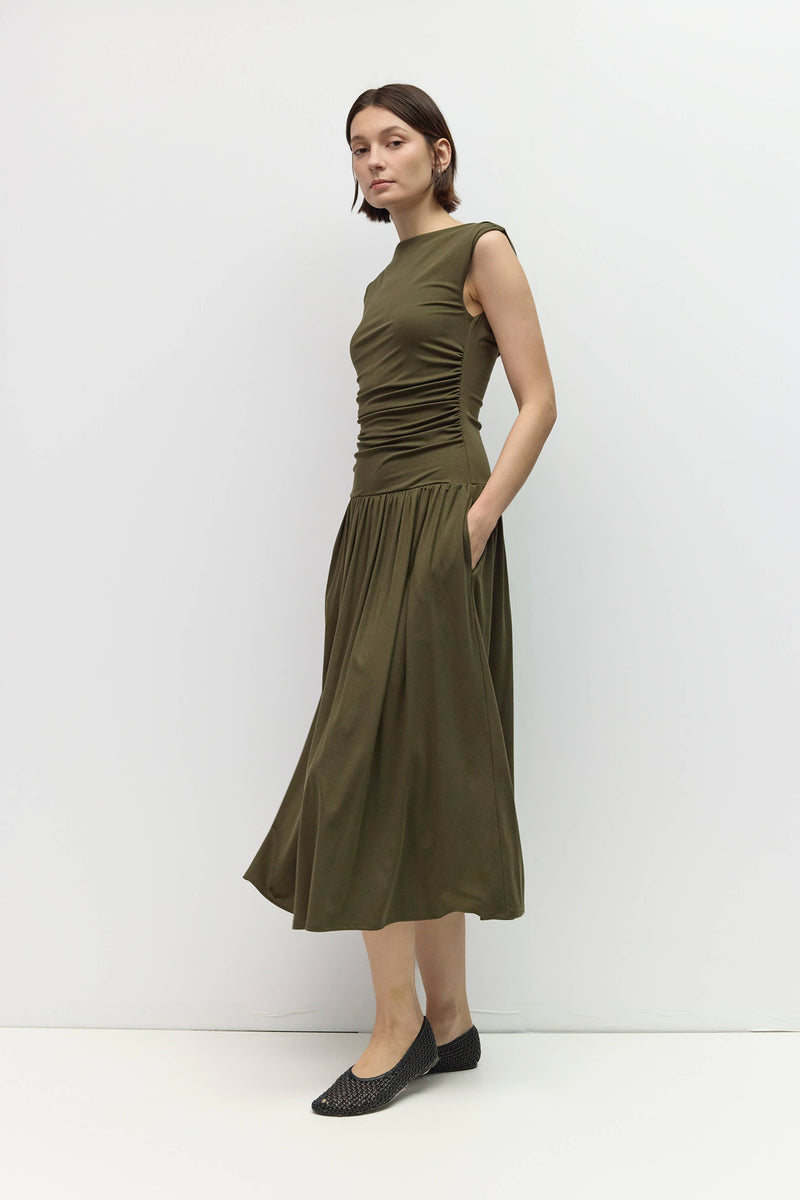 The Madilyn Dress | Wide Cowl Neck Ruched Midi Dress - Olive