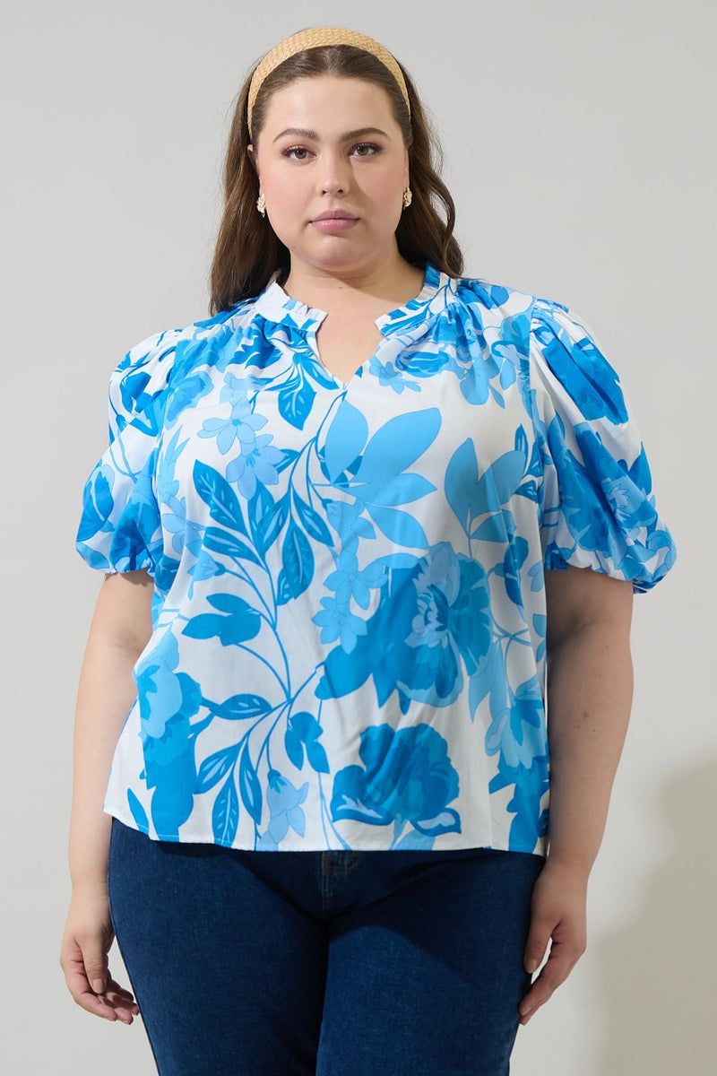 Floral Puff Sleeve Top - White & Blue