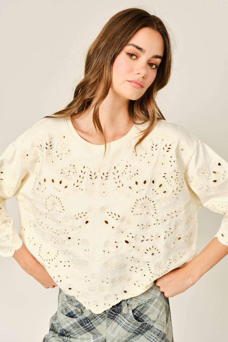 Eyelet Terry Long Sleeve Blouse - Ivory