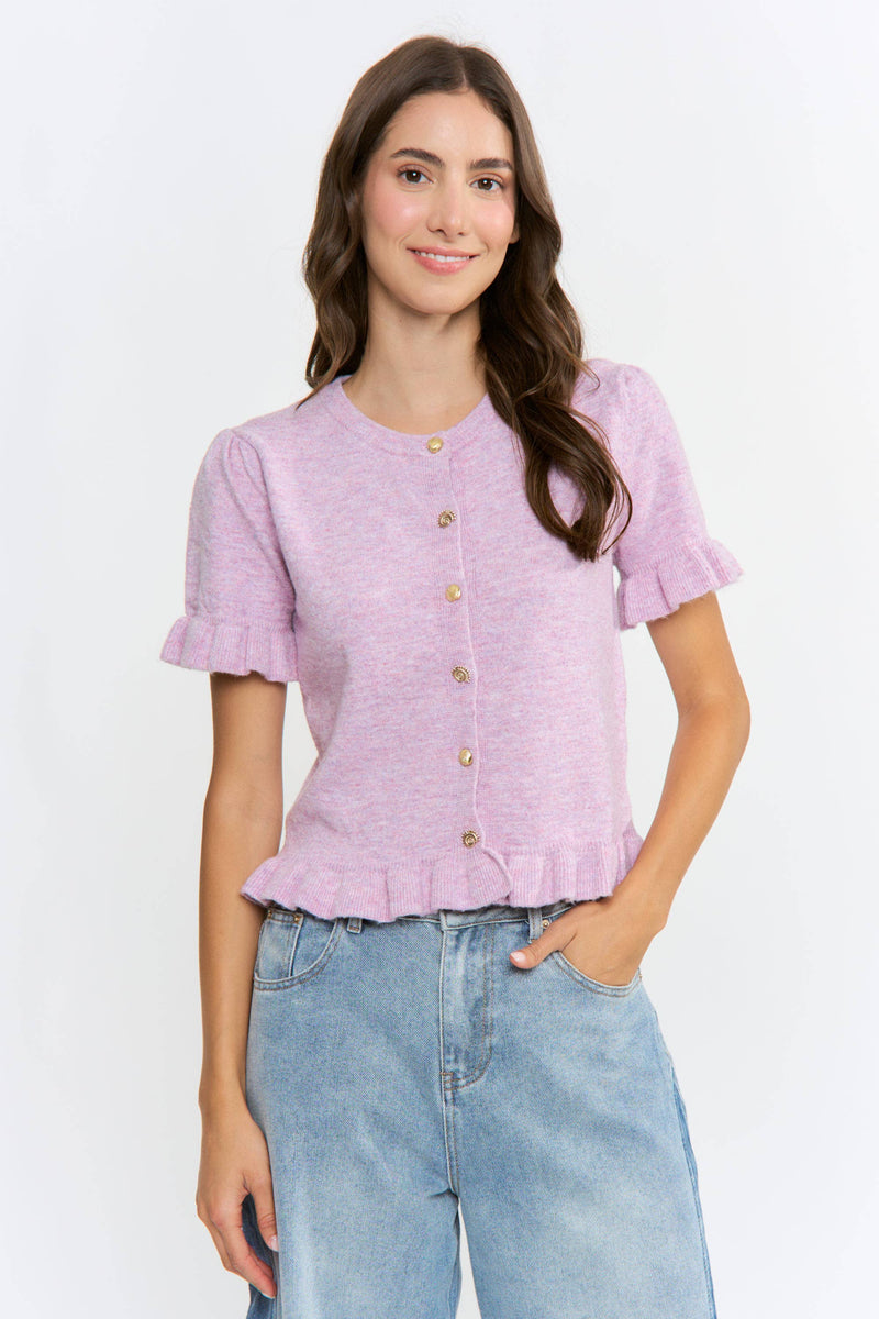 Button Up Knit Cardigan w/ Ruffled Accents - Light Purple