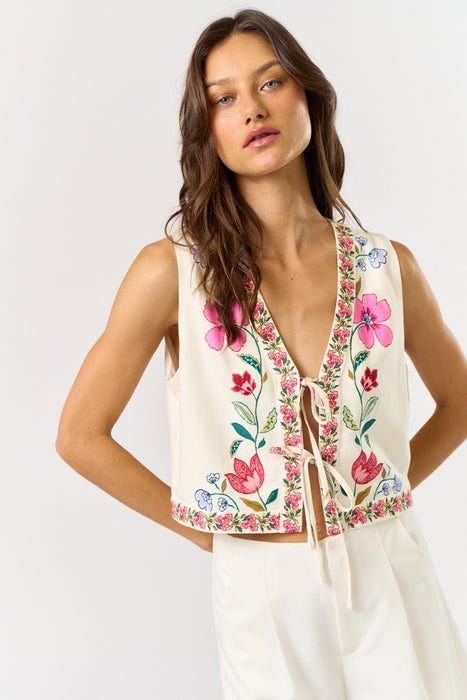Floral Front Tie Vest - Off White & Pink