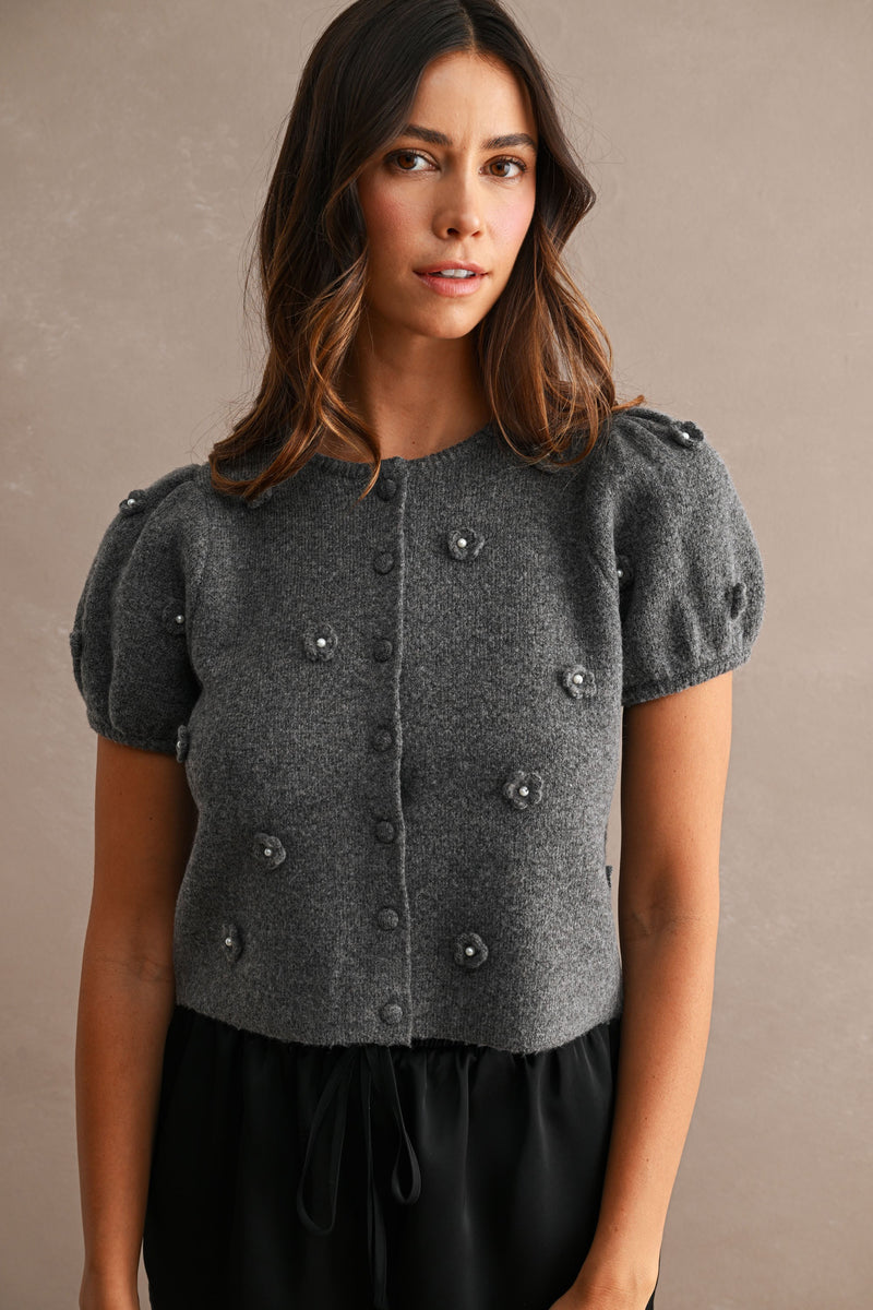 3D Floral Knit Top - Charcoal