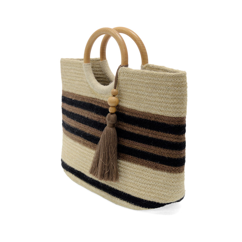 Striped Teagan Wood Handle Jute Tote W/Tassel - Black & Brown