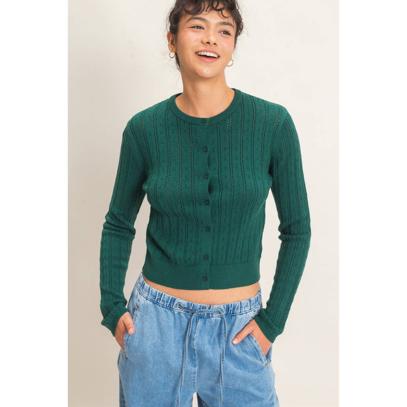 Pointelle Button Up Cardigan - Dark Green