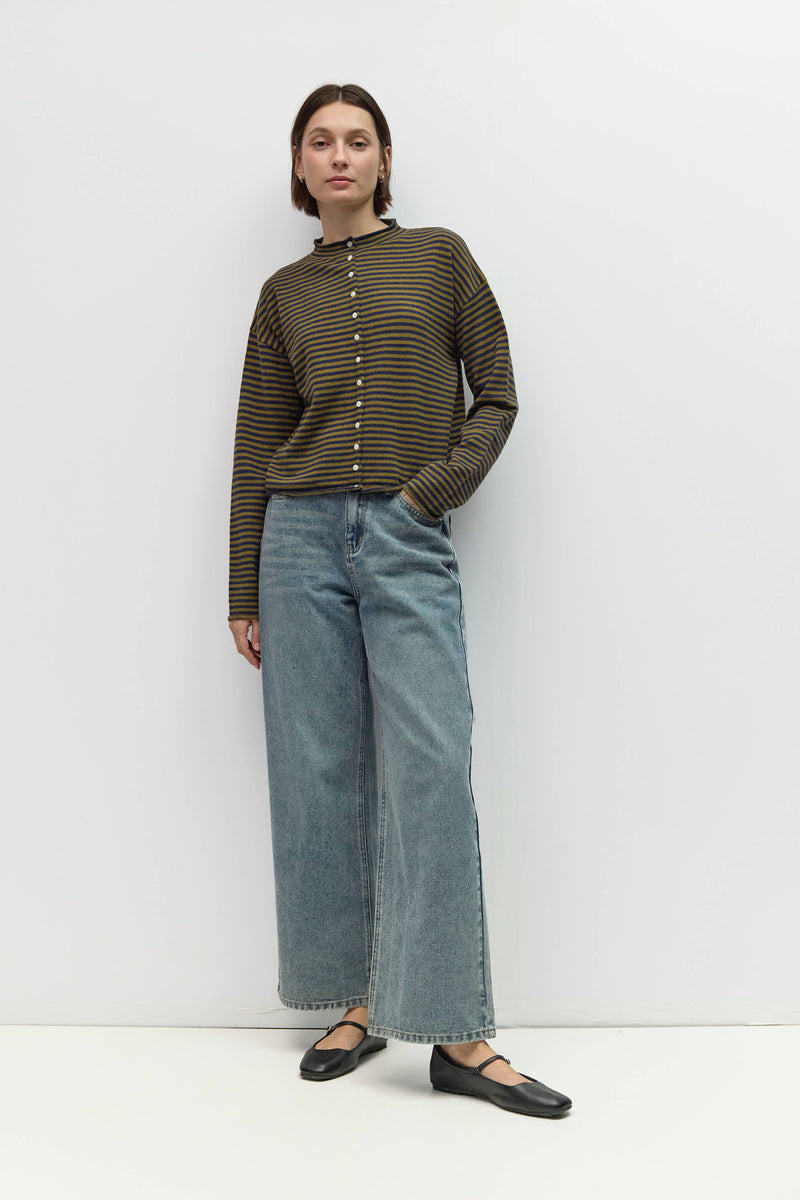 The Elisa Cardigan | Striped Button-Down Cardigan - Olive & Navy