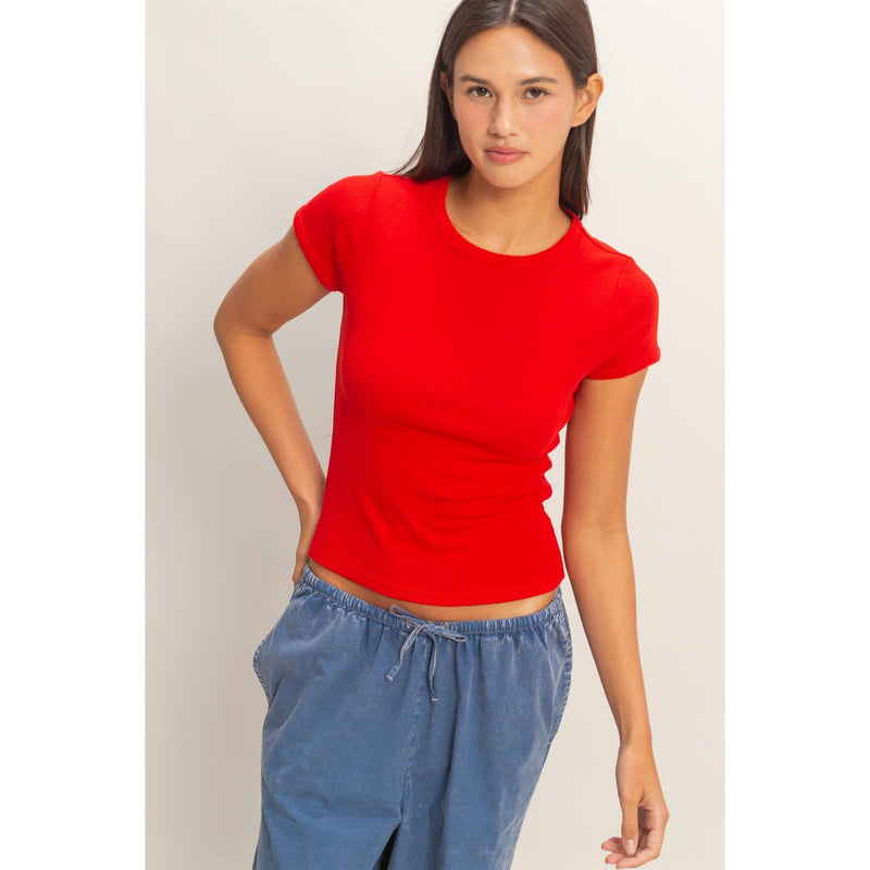 Pointelle Short Sleeve Top - Red
